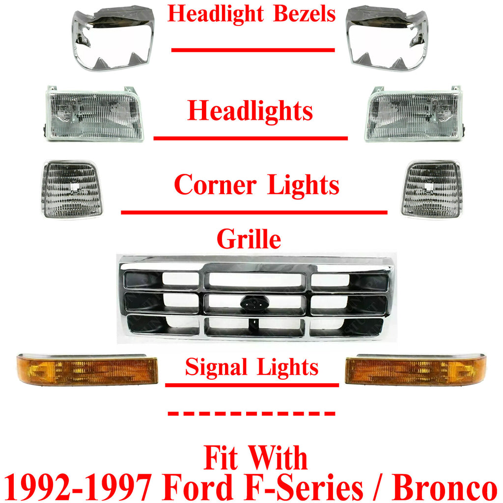 Front Grille Chrome + Headlight &Corner Lamps + Bezels For 1992-97 Ford F-Series