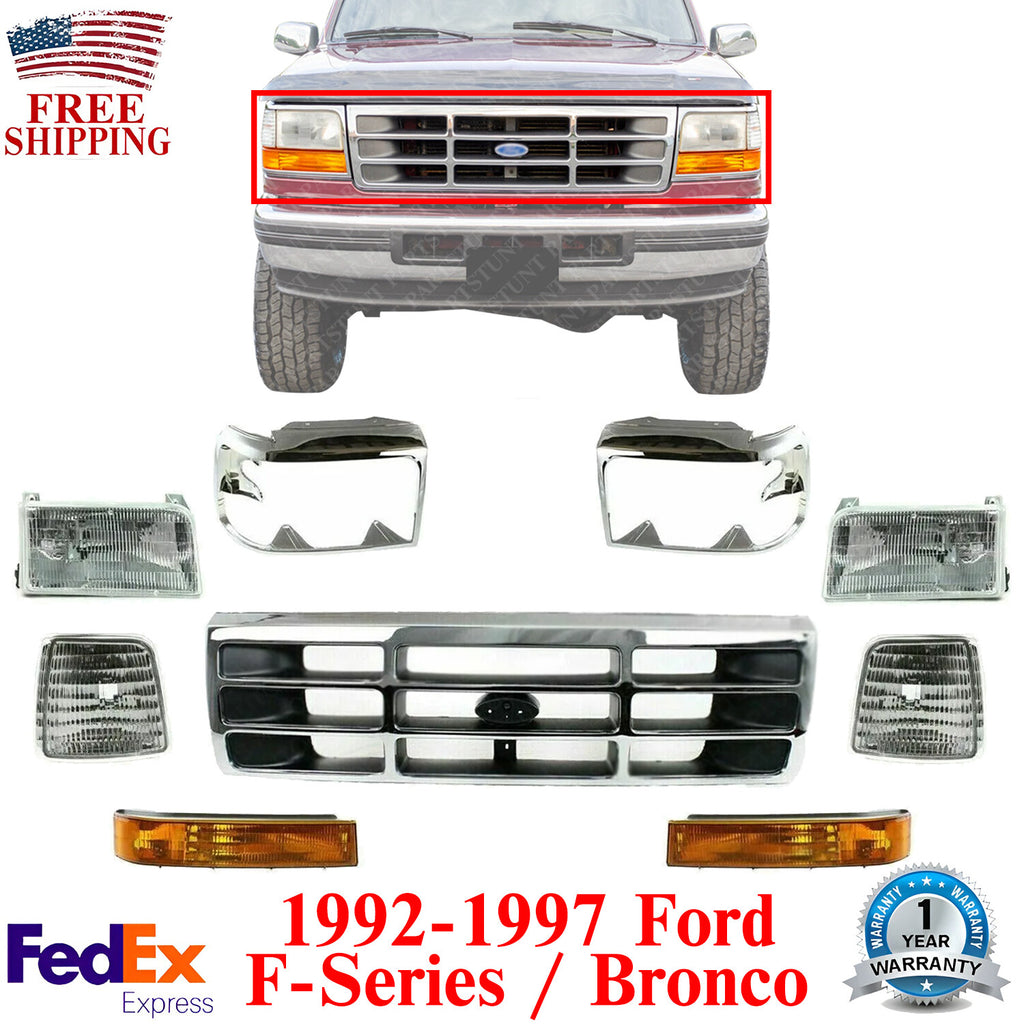 Front Grille Chrome + Headlight &Corner Lamps + Bezels For 1992-97 Ford F-Series