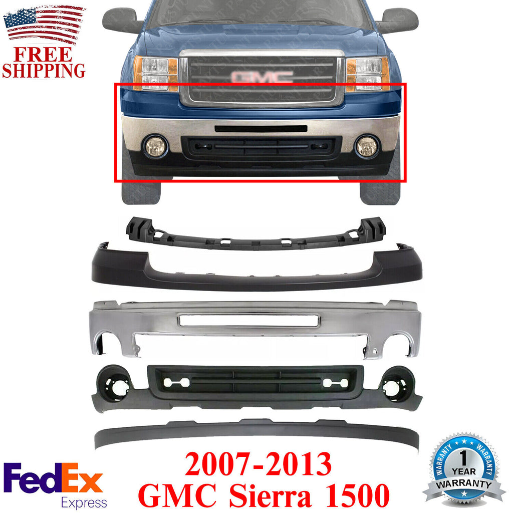 Front Bumper Chrome Steel Complete Kit For 2007-2013 GMC Sierra 1500 Pickup