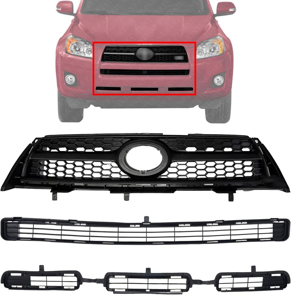 Front Bumper Grille + Upper Grille & Lower Grille For 2009-2012 Toyota RAV4
