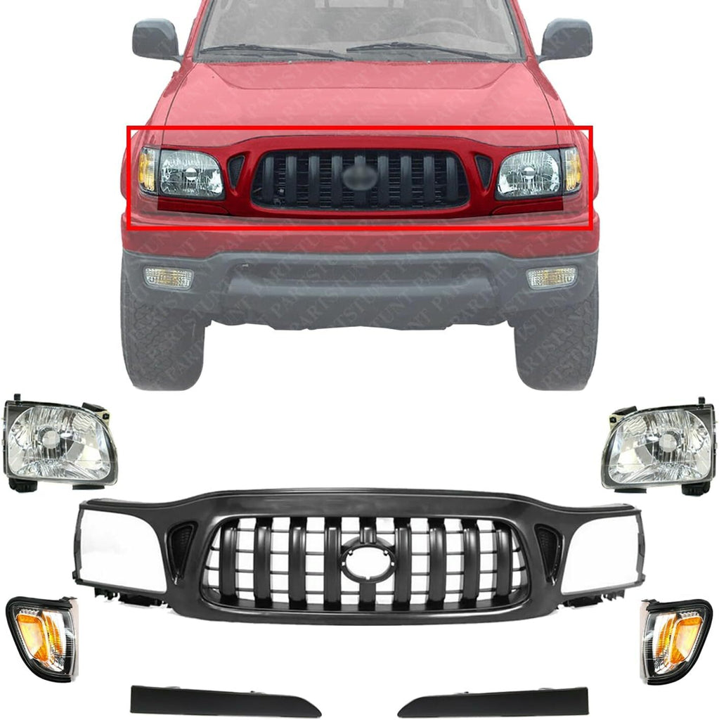 Front Grille Assembly Kit 7pcs For 2001-2004 Toyota Tacoma with Headlight Filler