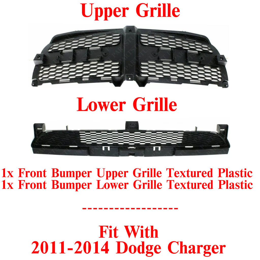 Front Bumper Upper & Lower Grille Textured Plastic For 2011-2014 Dodge Charger