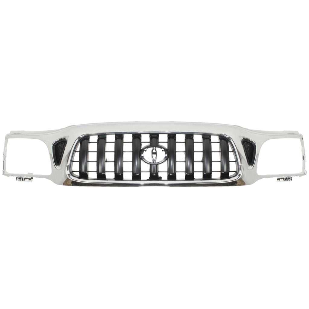 Front Chrome Grille + Black Primed Bumper + Lower Valance + Reinforcement + Headlights + Bumper Brackets for 2001–2004 Toyota Tacoma 4WD