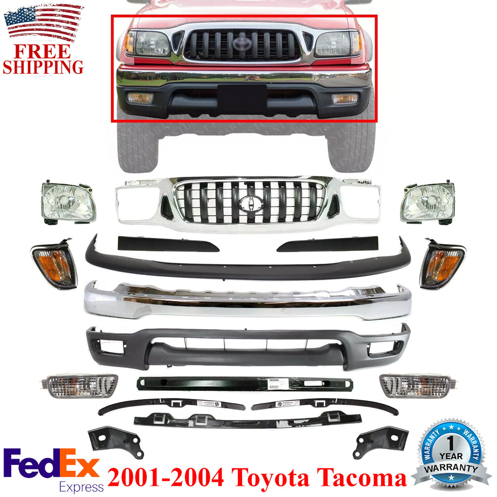 Front Bumper Chrome Complete Kit + Grille Lights For 2001-2004 Toyota Tacoma