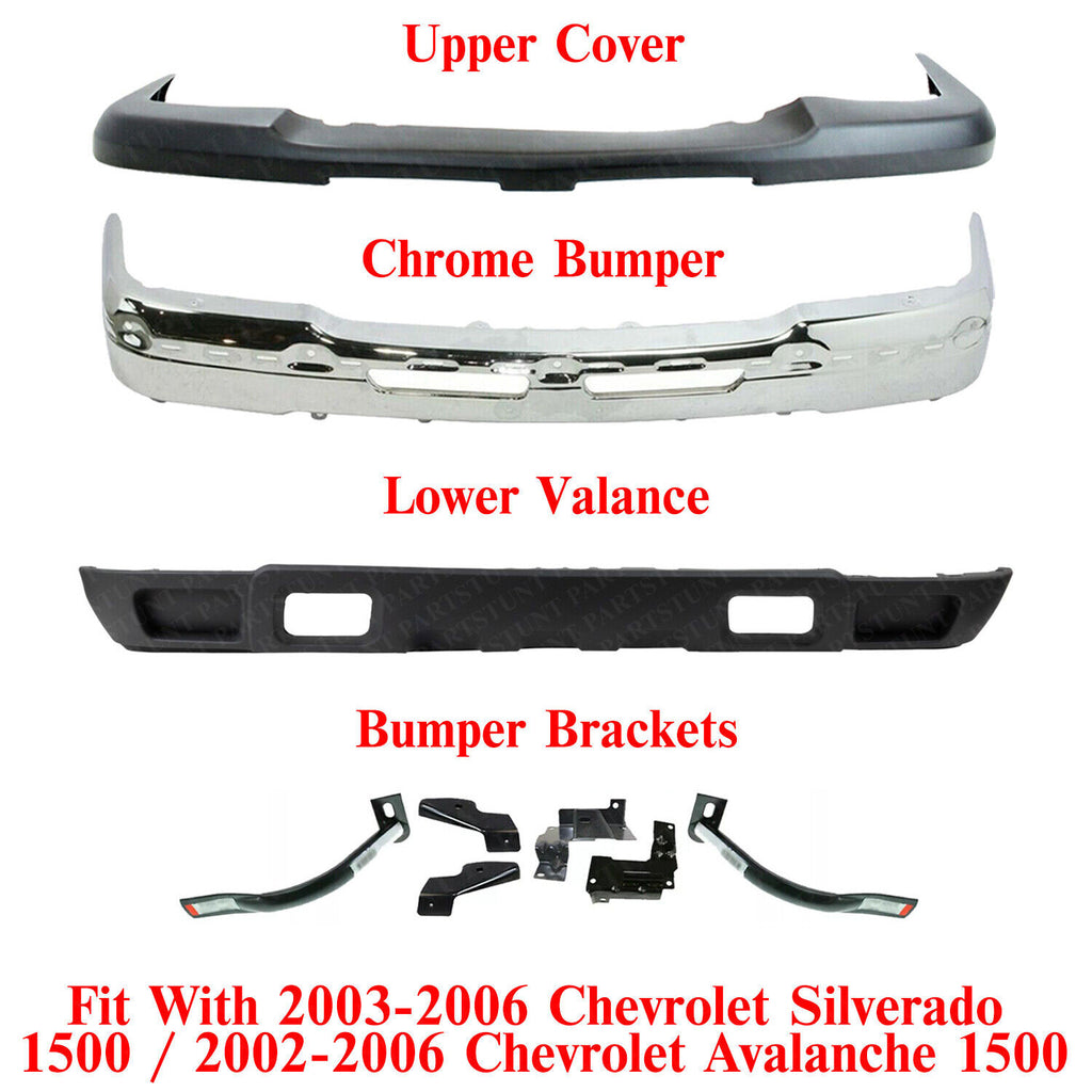 Front Bumper Chrome Steel Kit w/Brackets For 2003-2006 Chevrolet Silverado 1500