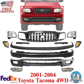 Front Primed Bumper Kit + Grille +Headlights Kit For 2001-2004 Toyota Tacoma 4WD