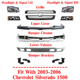 Front Bumper Chrome Steel + Headlight with Grille Kit For 2003-06 Silverado 1500