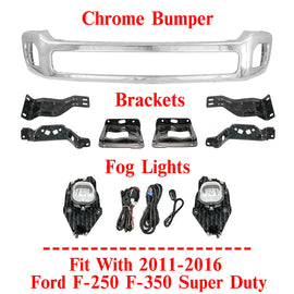 Front Bumper Chrome + Brackets + Fog Light For 11-16 Ford F-250 F-350 Super Duty
