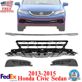 Front Bumper Grille + Molding + Fog Light Covers For 2013-2015 Honda Civic Sedan