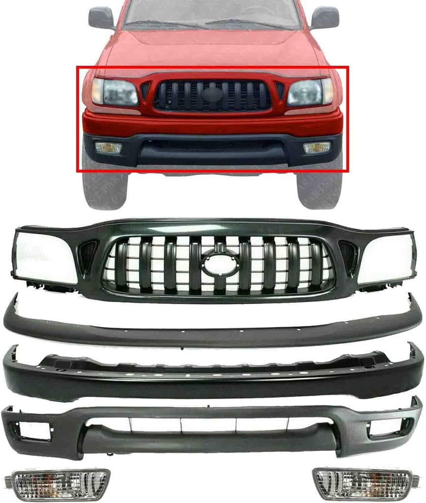 Front Bumper Primed Kit +Grille + Fog Lights LH & RH For 01-04 Toyota Tacoma 4WD