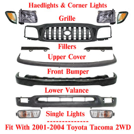 Front Bumper Kit Primed + Grille + Headlights For 2001-2004 Toyota Tacoma 2WD