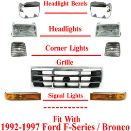 Front Grille Chrome + Headlight &Corner Lamps + Bezels For 1992-97 Ford F-Series