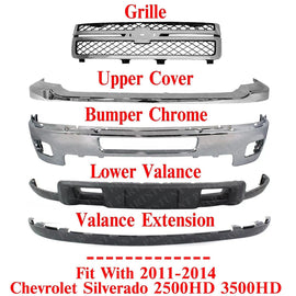 Front Chrome Bumper Kit with Grille For 2011-2014 Chevy Silverado 2500HD 3500HD