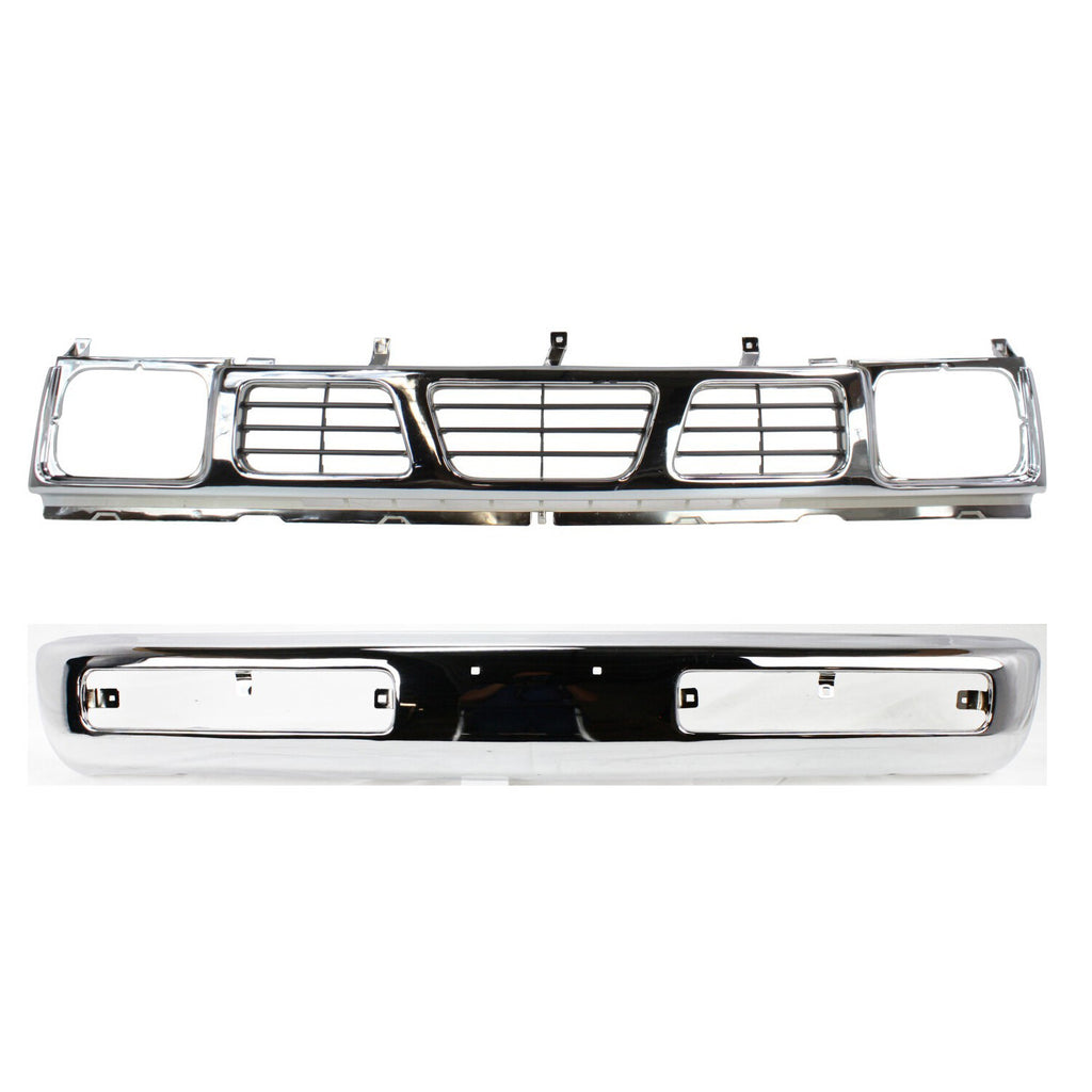 Front Bumper Chrome Steel + Grille Shell and Insert For 1996-1997 Nissan Pickup