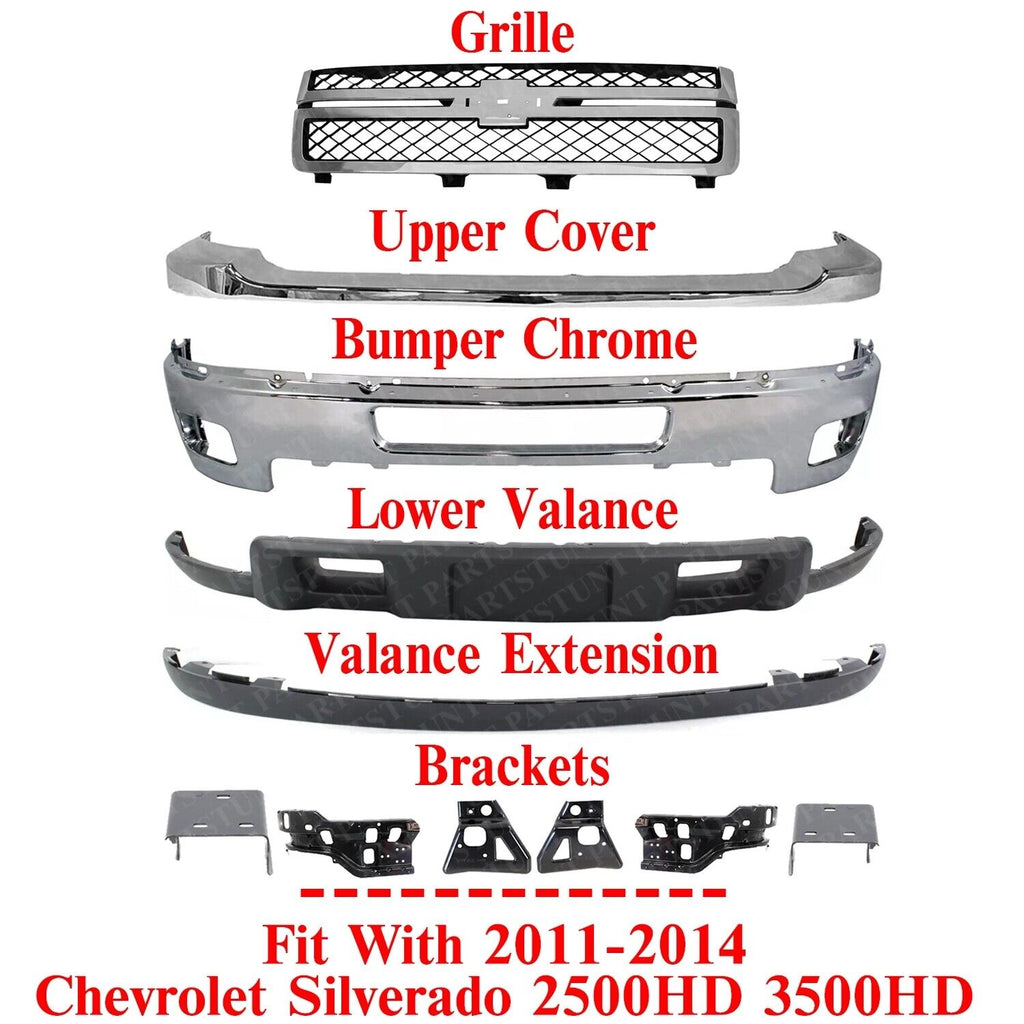 Front Bumper Kit + Grille + Brackets Set For 2011-14 Chevy Silverado 2500HD 3500