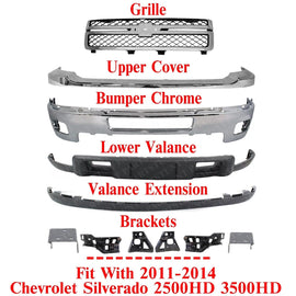 Front Bumper Kit + Grille + Brackets Set For 2011-14 Chevy Silverado 2500HD 3500