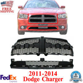 Front Bumper Upper & Lower Grille Textured Plastic For 2011-2014 Dodge Charger