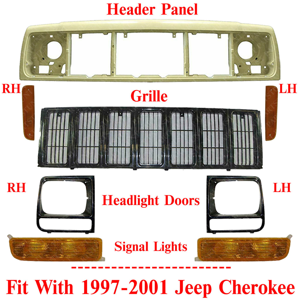 Header Panel Grille Headlight Bezel Park & Corner Lights For 97-01 Jeep Cherokee