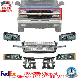 Grille + Headlight Kit + Brackets Set For 2003-06 Chevrolet Silverado 1500/ 2500