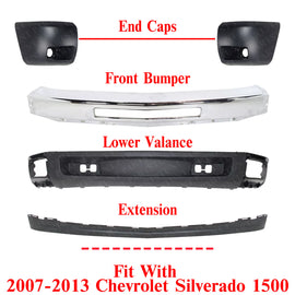Front Bumper Chrome + Valance + Extnsion + Caps For 2007-13 Chevy Silverado 1500