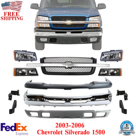 Front Bumper Chrome Steel Kit w/ Headlights Grille For 2003-2006 Silverado 1500