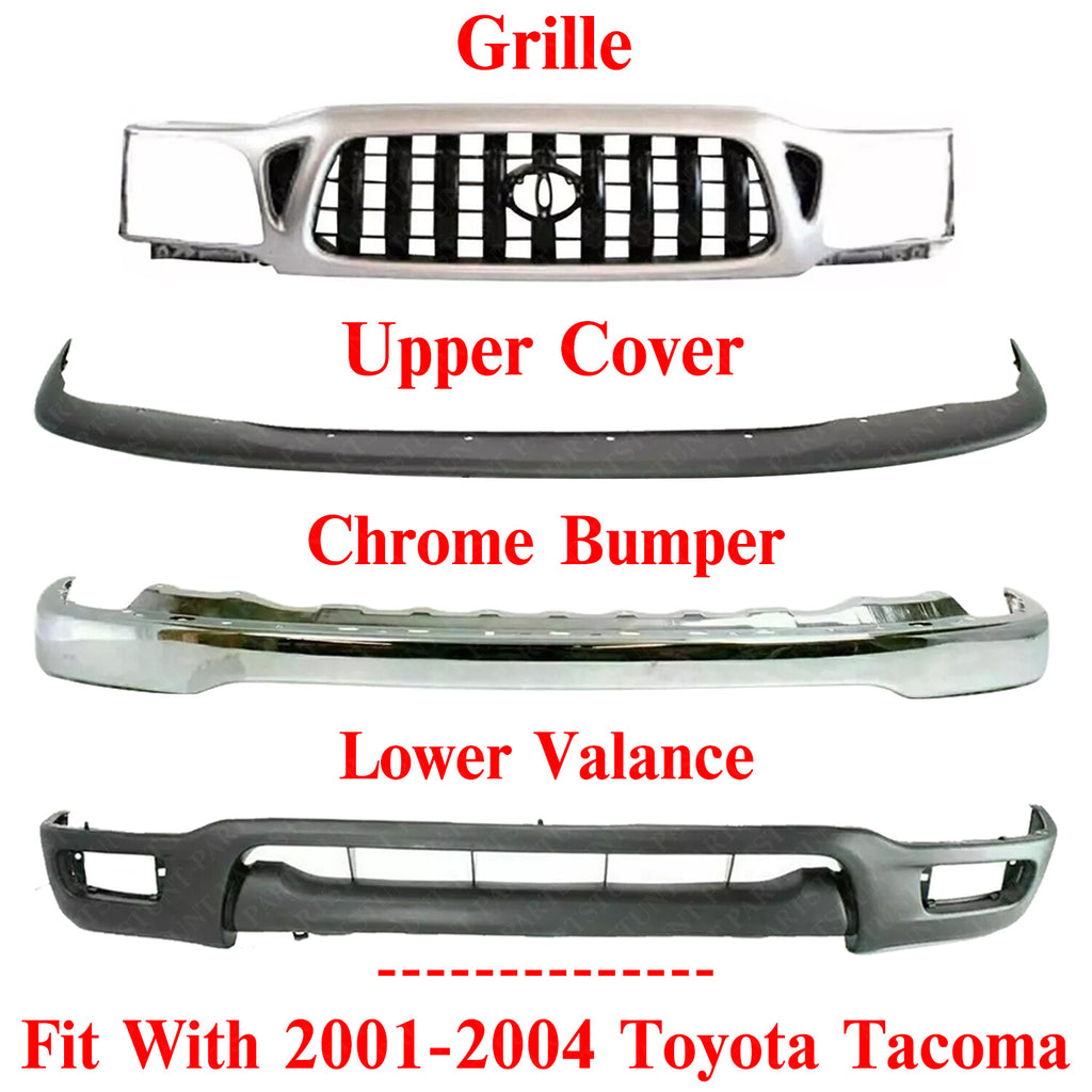 Front Bumper Chrome + Valance + Upper Filler + Grille For 2001-04 Toyota Tacoma