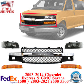 Front Grille Assembly + Headlight Kit For 2003-21 Chevy Express / GMC Savana Van