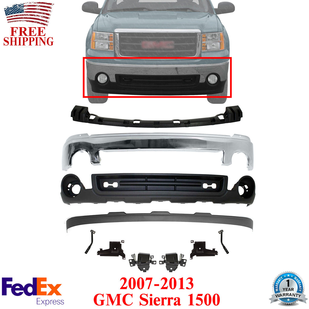 Front Bumper Chrome + Valance + Brackets Kit For 2007-2013 GMC Sierra 1500