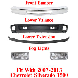 Front Bumper Chrome + Valance +Extension + Fog Lights For 2007-13 Silverado 1500
