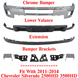 Front Bumper Chrome Steel Kit With Brackets For 2011-2014 Silverado 2500HD 3500