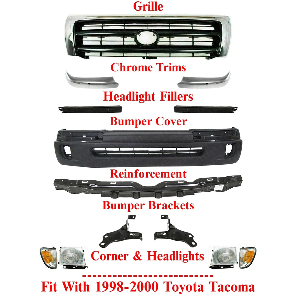 Front Bumper Cover Kit + Grille Chrome With Lights For 1998-2000 Toyota Tacoma
