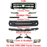 Front Bumper Cover Kit + Grille Chrome With Lights For 1998-2000 Toyota Tacoma