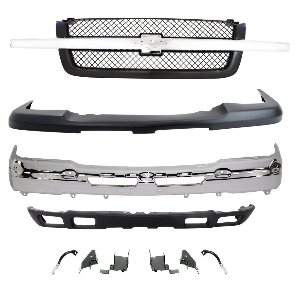 New Front Bumper Chrome + Grille + Valence & Brackets For 2003-06 Silverado 1500