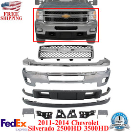 Front Bumper Kit + Grille + Brackets Set For 2011-14 Chevy Silverado 2500HD 3500