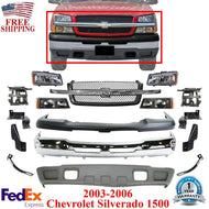 Front Bumper Chrome kit + Headlight + Brackets For 2003-06 Chevy Silverado 1500