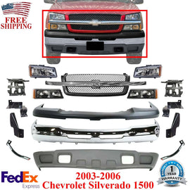 Front Bumper Chrome kit + Headlight + Brackets For 2003-06 Chevy Silverado 1500