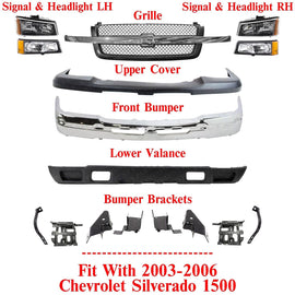 Front Bumper Chrome Kit + Headlights + Brackets For 2003-06 Chevy Silverado 1500
