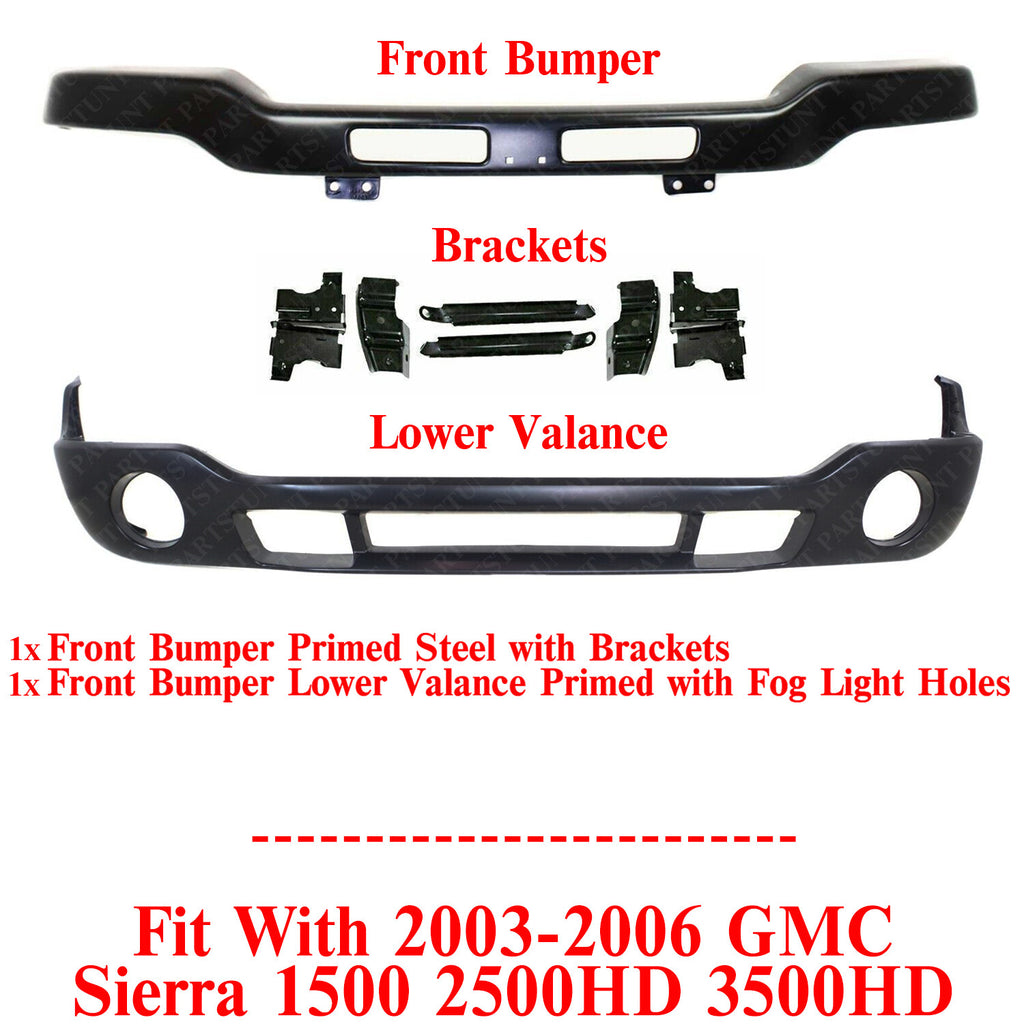 Front Bumper w/ Brackets + Lower Valance Primed For 2003-06 GMC Sierra 1500-3500