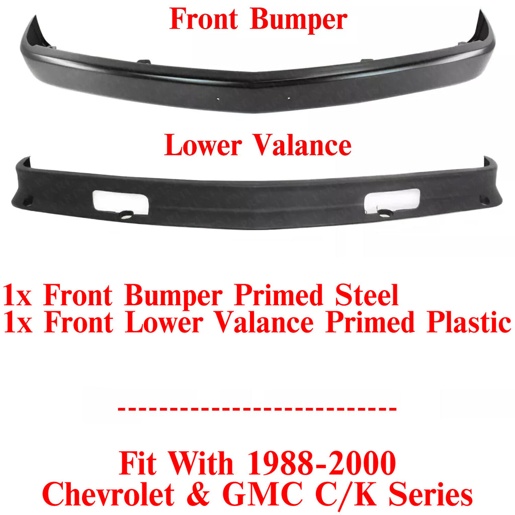 Front Bumper Primed & Lower Valance For 1988-2000 Chevrolet & GMC K1500 C1500