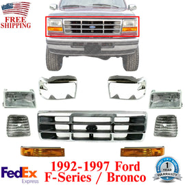 Front Grille Chrome + Headlight &Corner Lamps + Bezels For 1992-97 Ford F-Series