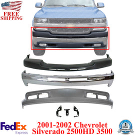 Front Bumper Chrome Steel Kit w/ Brackets For 01-02 Chevy Silverado 2500HD 3500