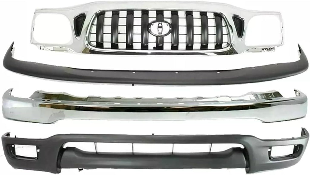 Front Bumper Chrome + Valance + Upper Filler + Grille For 2001-04 Toyota Tacoma
