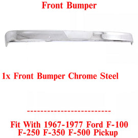 Front Bumper Chrome Steel For 67-77 Ford F-SERIES F-100 F-250 F-350 F-500 Pickup