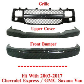 Front Bumper Primed + Upper Cover Textured + Grille For 03-17 Chevy Express Van