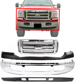 Front Bumper Chrome + Grille + Upper & Low Cover For 2005 - 2007 Ford F250 F350