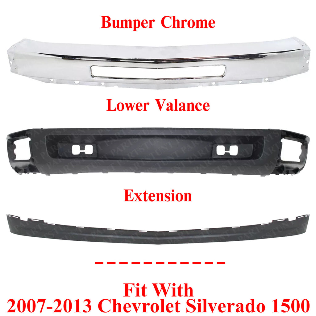 Front Bumper Chrome + Lower Valance + Extension For 2007-13 Chevy Silverado 1500