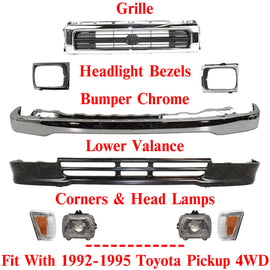 Bumper and Headlight Kit For 1992-1995 Toyota Pickup Front 4WD Chrome Steel