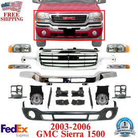 Front Chrome Bumper Kit with Brackets For 2003-2006 GMC Sierra 1500