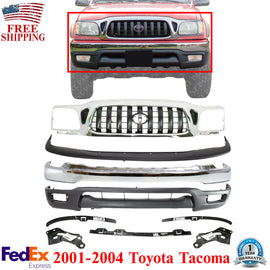 Front Grille + Bumper Chrome Kit+Brackets & Retainer Set For 01-04 Toyota Tacoma