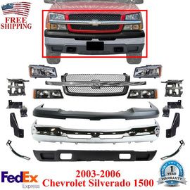 Front Bumper Chrome Kit + Headlights + Brackets For 2003-06 Chevy Silverado 1500